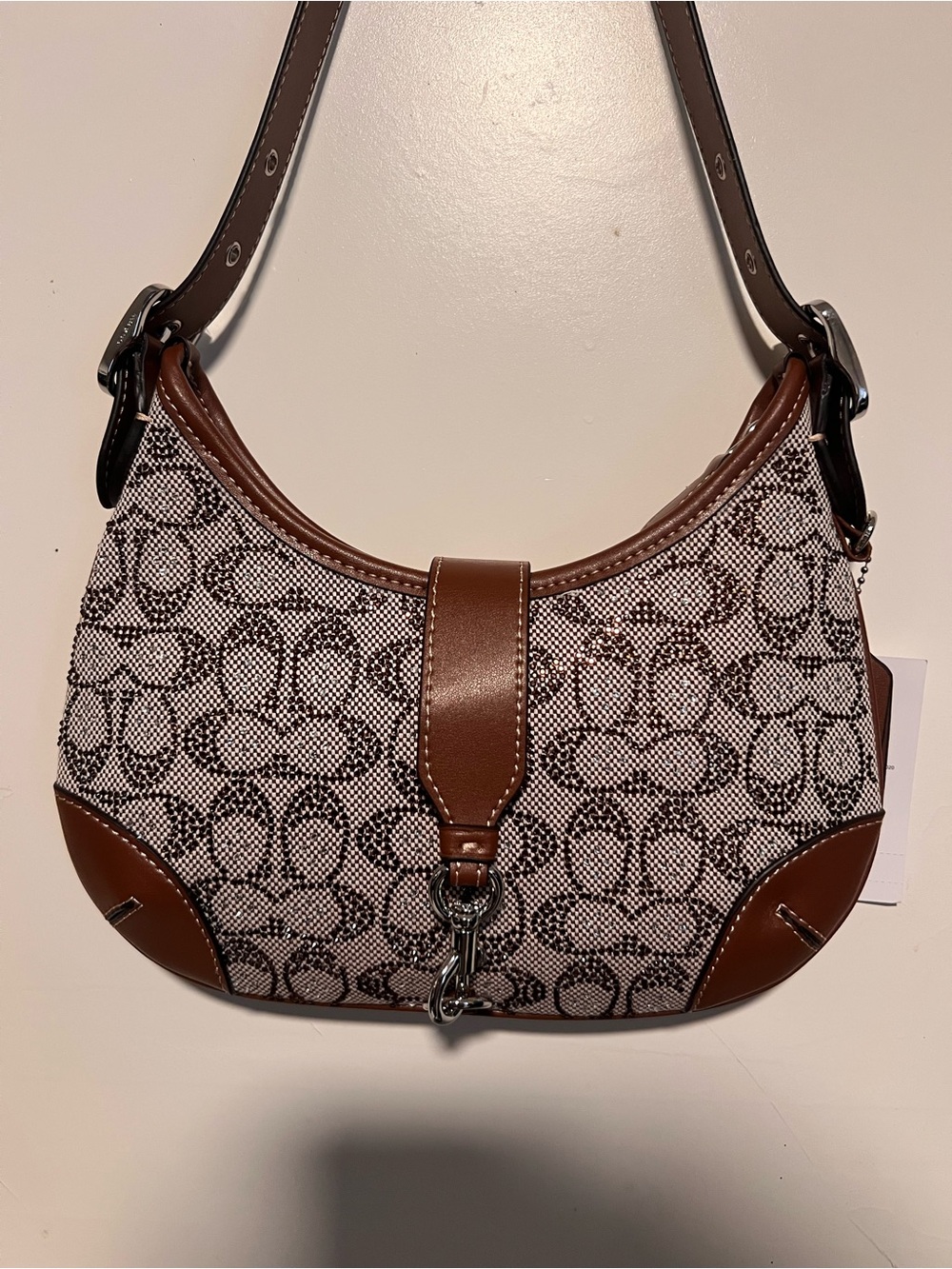 Coach Brown Signature Jacquard Shoulder Hampton Crystal Bag with Leather Trim